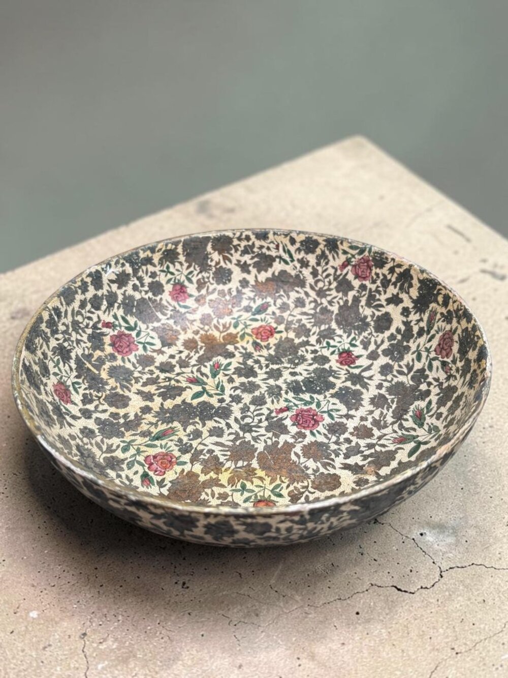 Vintage Japanese Floral Rose Paper Mache Alcohol-Proof Decorative Bowl By Viking